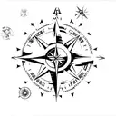 A minimalist tattoo of a compass rose surrounded by various outdoor elements like trees, mountains, and a hunting rifle, capturing the client's passion for the outdoors and hunting tattoo design idea