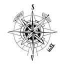 A minimalist tattoo of a compass rose surrounded by various outdoor elements like trees, mountains, and a hunting rifle, capturing the client's passion for the outdoors and hunting tattoo design idea