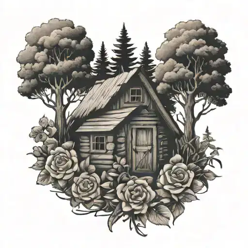 Homegrown, wood cabin, flowers, trees, roots growing tattoo design idea