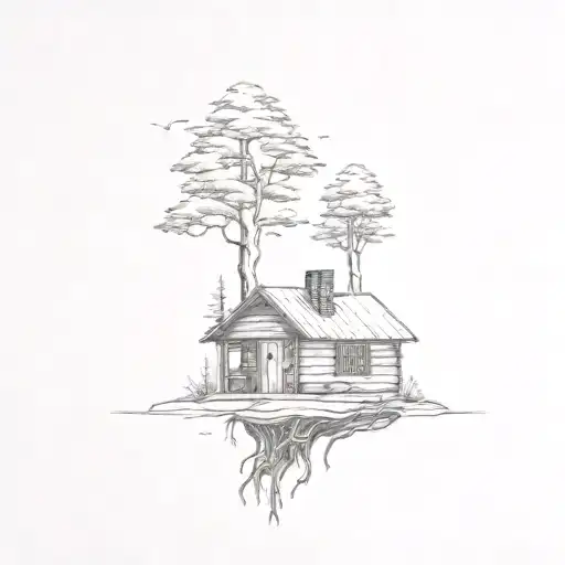 Small wood cabin with overhang, roots growing underneath, trees growing tattoo design idea