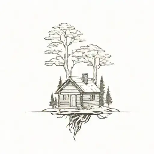 Small wood cabin, roots growing underneath, trees growing tattoo design idea