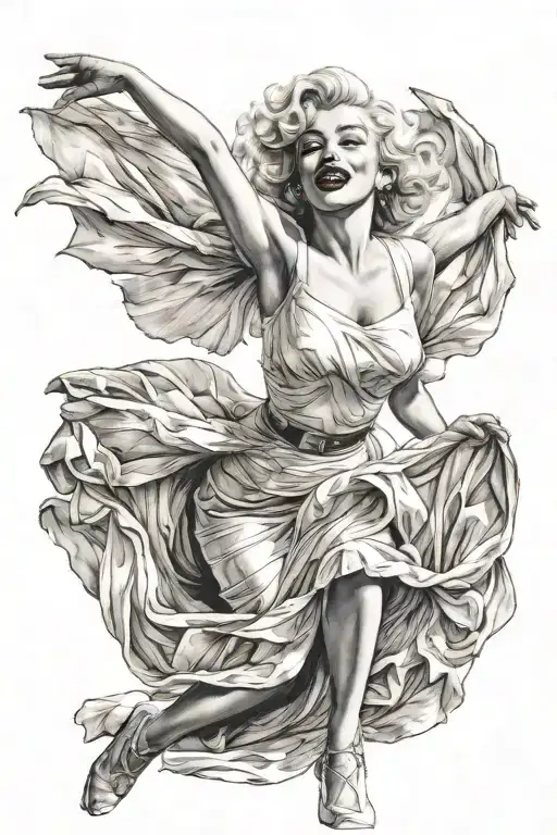 Marilyn Monroe in a pose where the wind lifted her skirt, she presses it with her hands and the second layer is a human  tattoo design idea