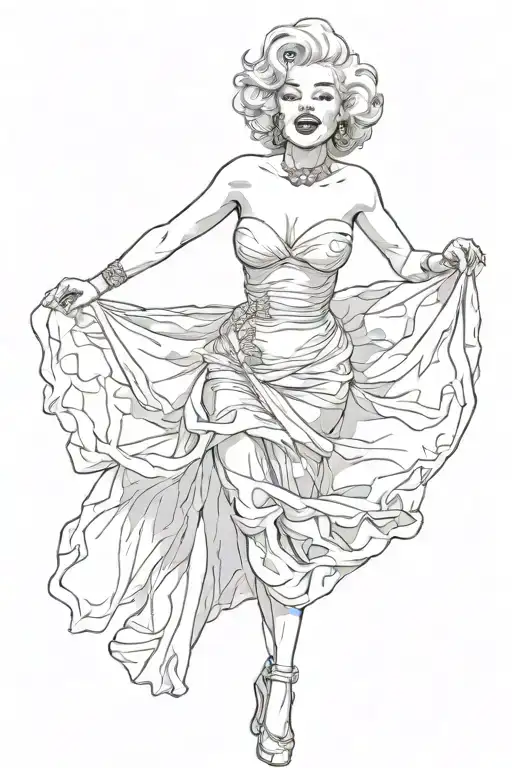 Marilyn Monroe in a pose where the wind lifted her skirt, she presses it with her hands, her skeleton is visible through tattoo design idea
