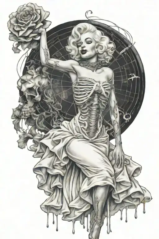 human skeleton in a dress in the pose of Marilyn Monroe from the popular film where the wind lifted her white dress tattoo design idea