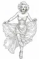 Marilyn Monroe in a pose where the wind lifted her skirt, she presses it with her hands, her skeleton is visible through tattoo design idea