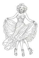 Marilyn Monroe in a pose where the wind lifted her skirt, she presses it with her hands, her skeleton is visible through tattoo design idea