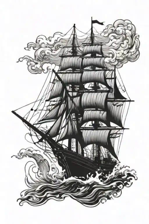 An intricate blackwork design of a majestic old ship sailing on rough seas, with a scuba diver exploring the depths below tattoo design idea