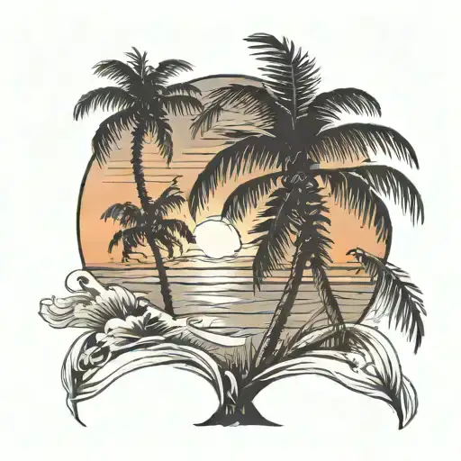 palm tree, sunset, ocean scene tattoo design idea