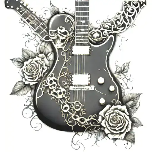electric guitar with skulls and roses, vines wrapping tattoo design idea