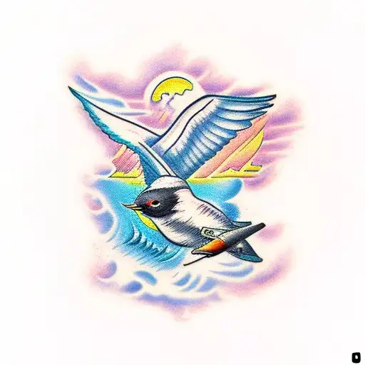 heaven island with 2 swallows fly tattoo design idea
