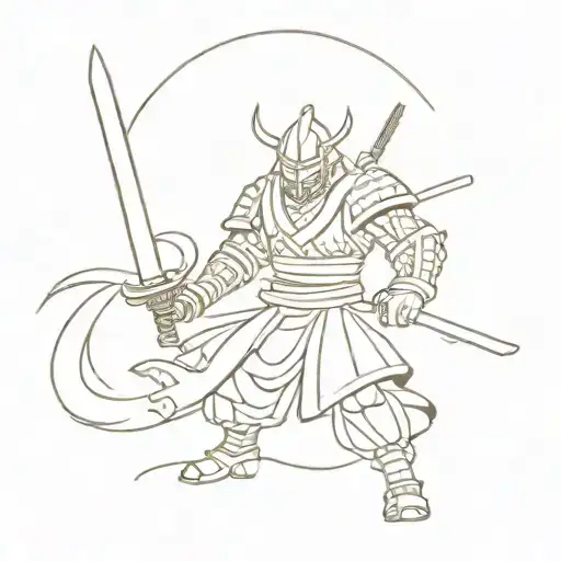 A samurai warrior in traditional armor battling a giant anime monster tattoo design idea