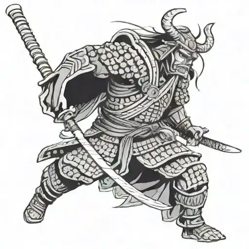 A samurai warrior in traditional armor battling a giant anime monster tattoo design idea