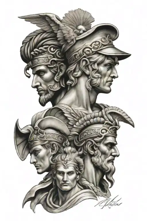 greek god apollo,achilles, spartan warrior, greek goddess athena, and greek god zeus tattoo design idea