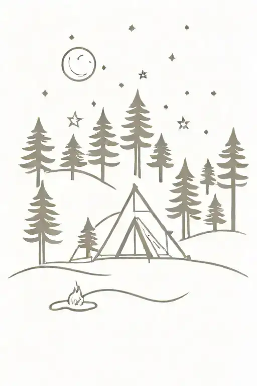 camping fire in woods with cabin under stars tattoo design idea