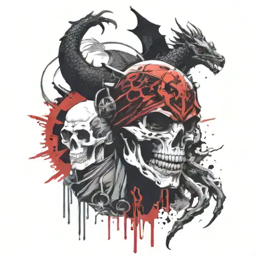 A black masked ninja next to a black dragon and next to a creepy skull tattoo design idea