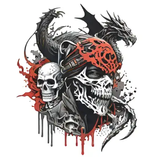 A black masked ninja next to a black dragon and next to a creepy skull tattoo design idea