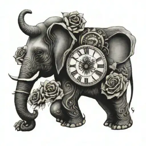 elephant with clock and rose wrapped tattoo design idea