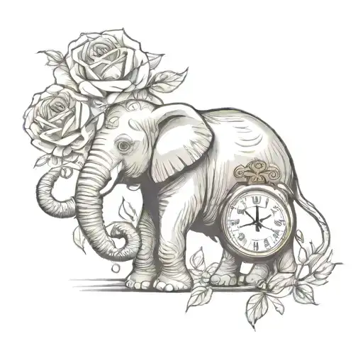 elephant with clock and rose wrapped tattoo design idea