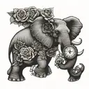 elephant with clock and rose wrapped tattoo design idea