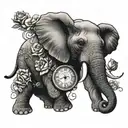 elephant with clock and rose wrapped tattoo design idea