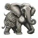 elephant with clock and rose wrapped tattoo design idea