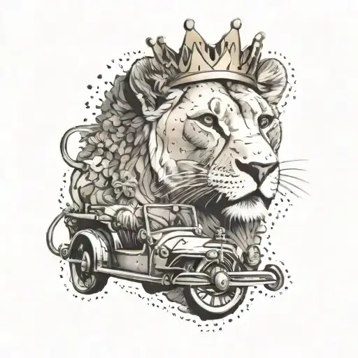 Lioness with crown driving a car tattoo design idea