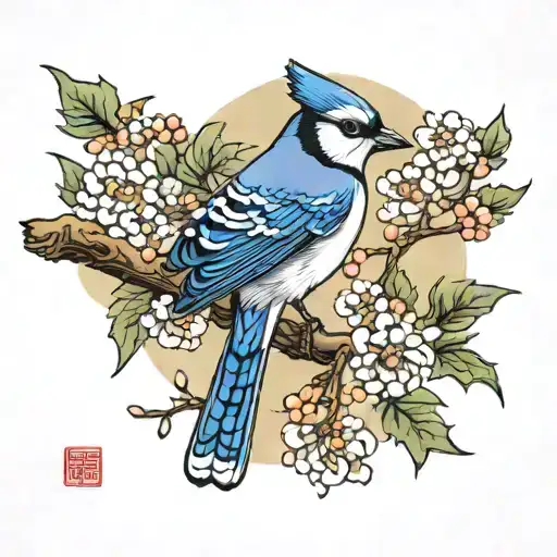 japanese themed blue jay on a branch tattoo design idea