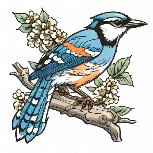 japanese themed blue jay on a branch tattoo design idea