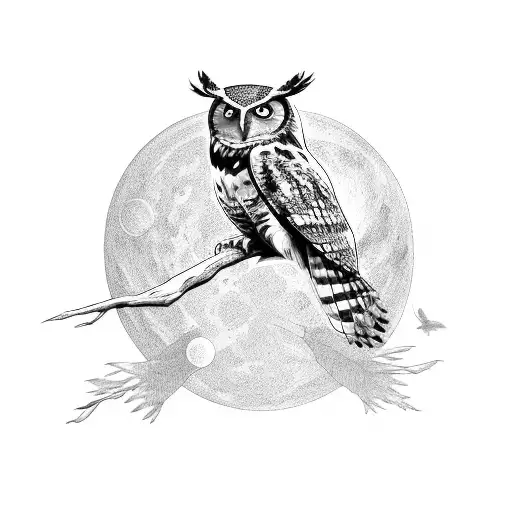owl with outstretched wings in front of a fill moon tattoo design idea