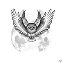 owl with outstretched wings in front of a fill moon tattoo design idea