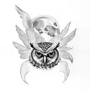 owl with outstretched wings in front of a fill moon tattoo design idea