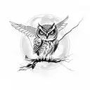owl with outstretched wings in front of a fill moon tattoo design idea