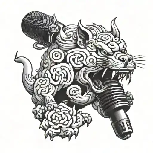 A blackwork design of a fu dog with a microphone singing tattoo design idea