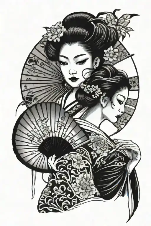 geisha holding fan over half her face tattoo design idea