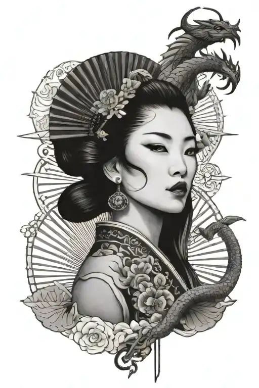geisha holding the fan in half of her face below a dragon tattoo design idea