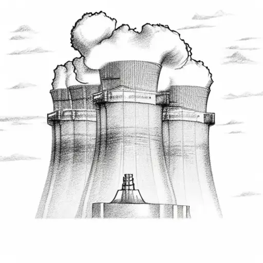 A detailed sketch of a nuclear power plant surrounded by towering mountains tattoo design idea