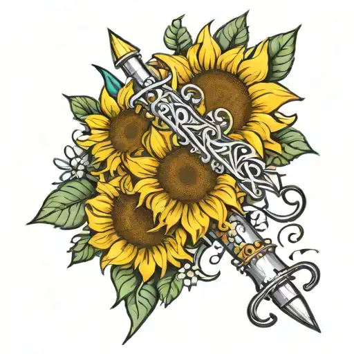 dagger with sunflowers and words make art not war and paint br ush  tattoo design idea