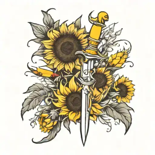 dagger made from sunflowers growing, paintbrush tip of dagger and works make art not war  tattoo design idea
