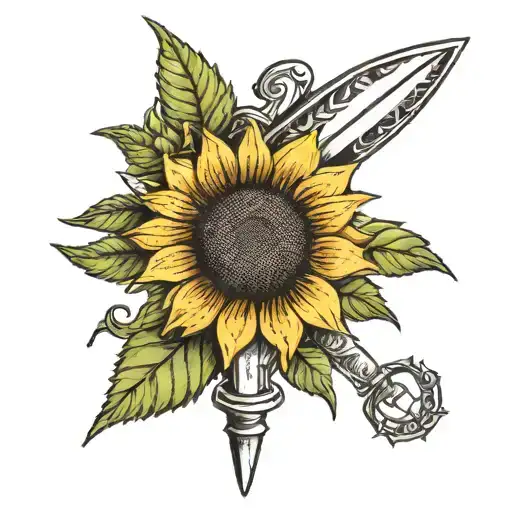 dagger made from sunflowers growing, paintbrush tip of dagger and works make art not war  tattoo design idea