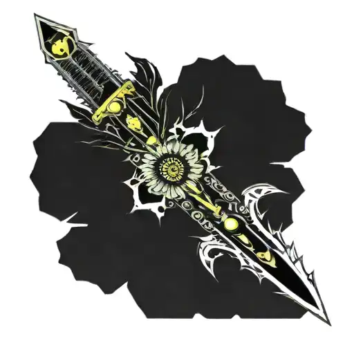 dagger made from sunflowers growing, paintbrush tip of dagger and works make art not war  tattoo design idea