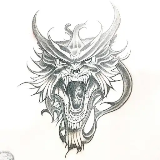 A sketch of a tattoo on the upper arm. Japanese demon and details that add an atmosphere of despair and gloom tattoo design idea