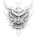 A sketch of a tattoo on the upper arm. Japanese demon and details that add an atmosphere of despair and gloom tattoo design idea