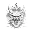 A sketch of a tattoo on the upper arm. Japanese demon and details that add an atmosphere of despair and gloom tattoo design idea