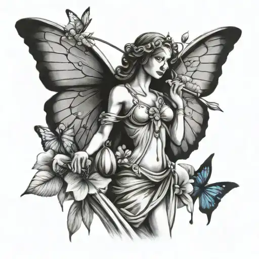 lady Justice, Dominican Republic, butterflies, cherry blossoms tattoo design idea