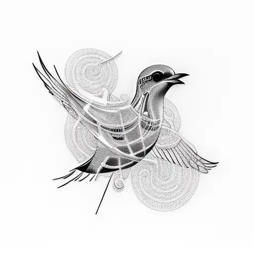 A singer's silhouette surrounded by musical notes that transform into birds in flight tattoo design idea