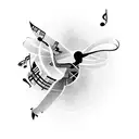 A singer's silhouette surrounded by musical notes that transform into birds in flight tattoo design idea