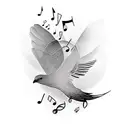 A singer's silhouette surrounded by musical notes that transform into birds in flight tattoo design idea