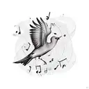 A singer's silhouette surrounded by musical notes that transform into birds in flight tattoo design idea