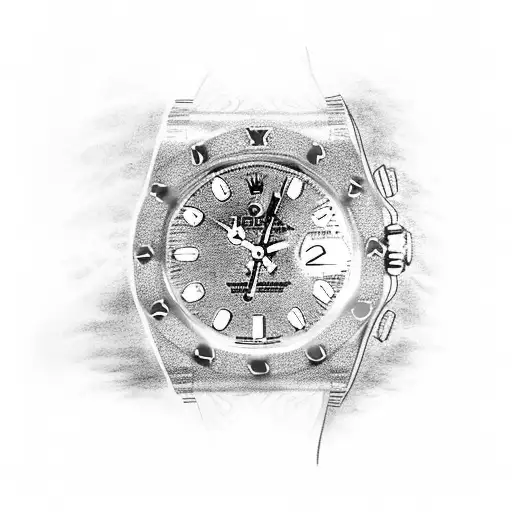 A black-grey tattoo of a Rolex watch surrounded by Jordan logos tattoo design idea