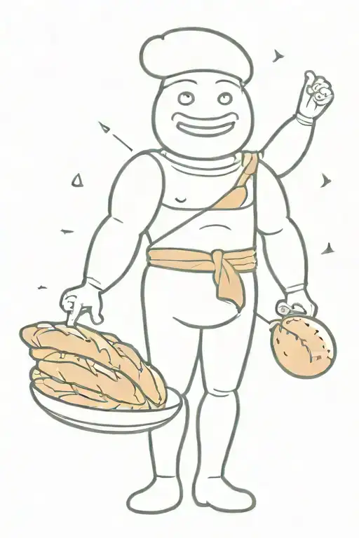 Michelin style man with bread as six pack, croissant as arms, holding a baguette tattoo design idea